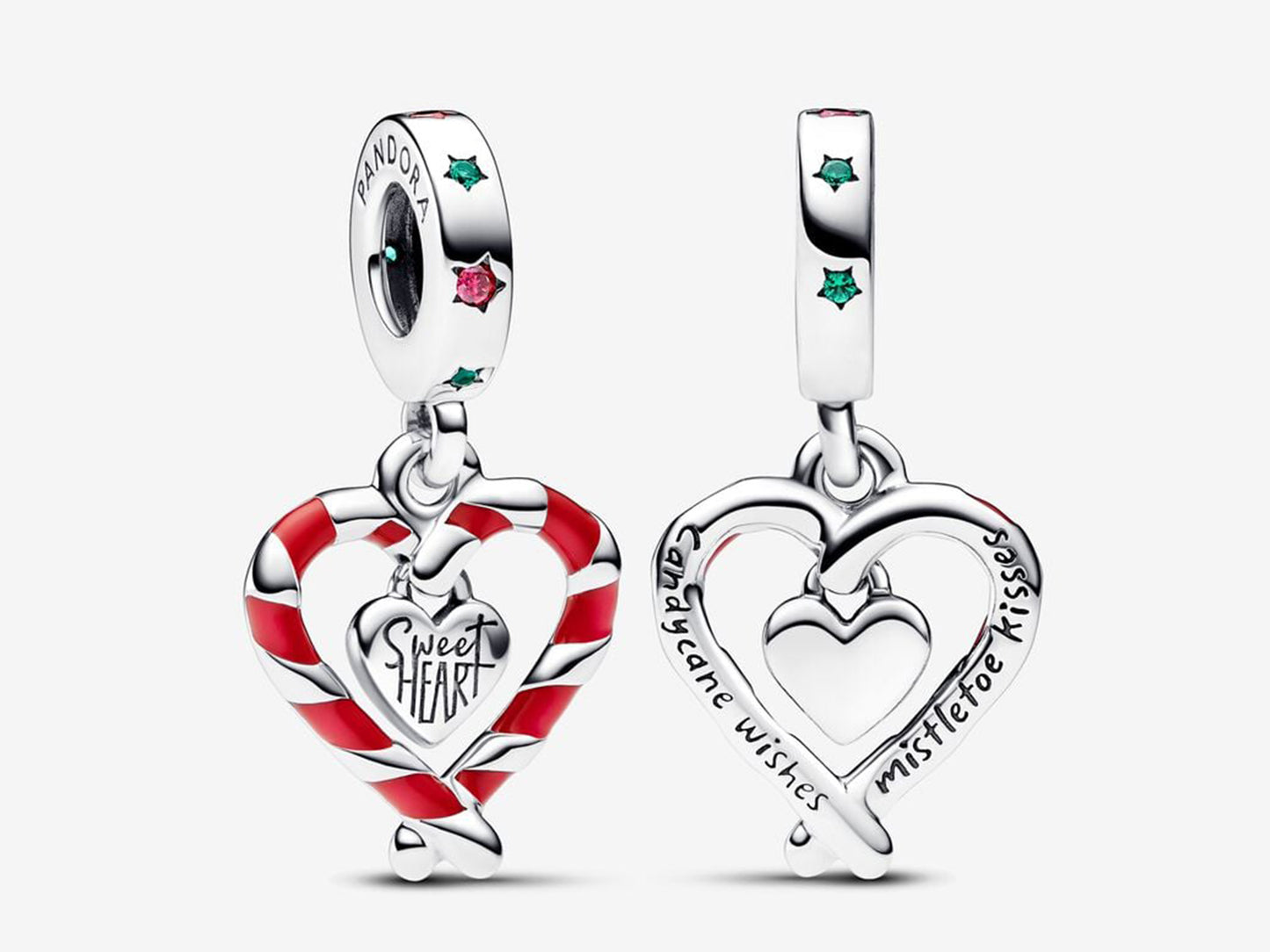 Double Candy Cane Heart Christmas Dangle Charm