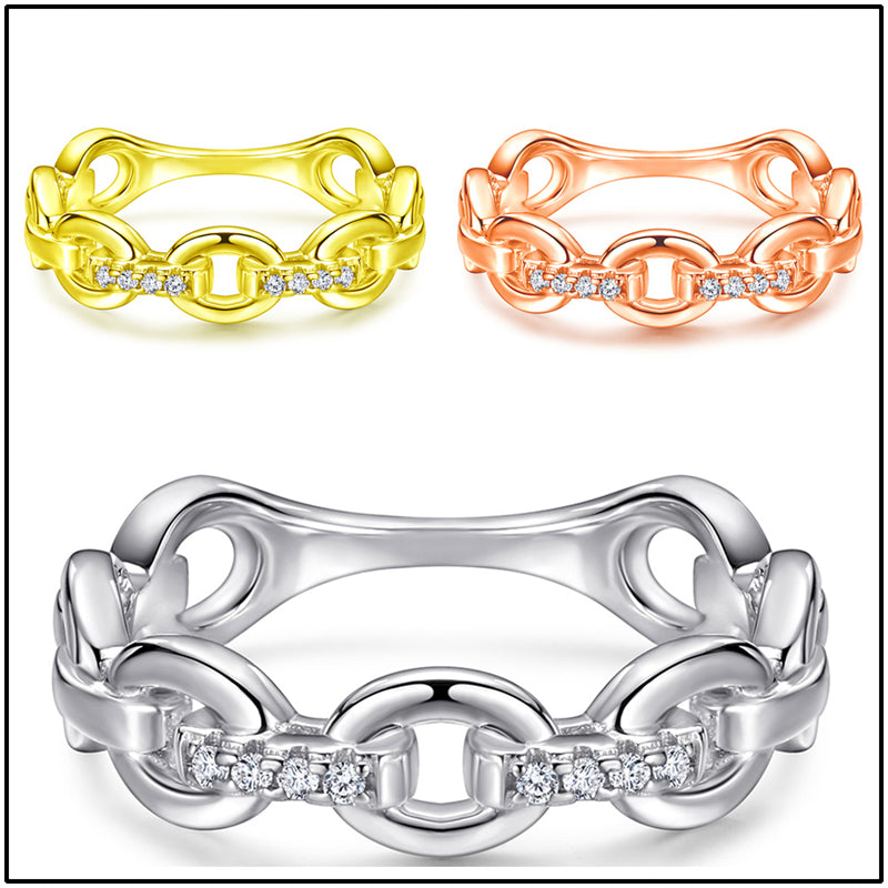 Double Chain 925 Silver Ring - Minimalist Openwork Band in Rose Gold & More