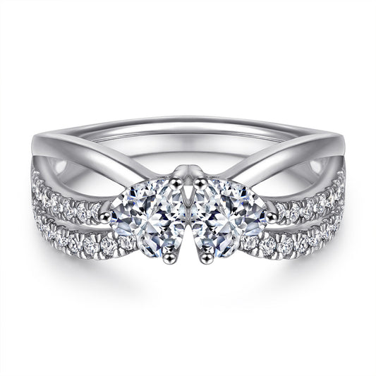 Double Heart 925 Silver Ring - Romantic Interlocking Zirconia Band