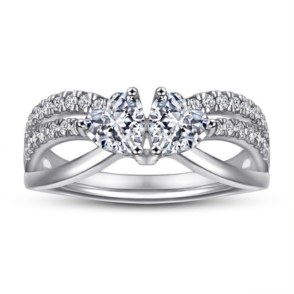 Double Heart 925 Silver Ring - Romantic Interlocking Zirconia Band