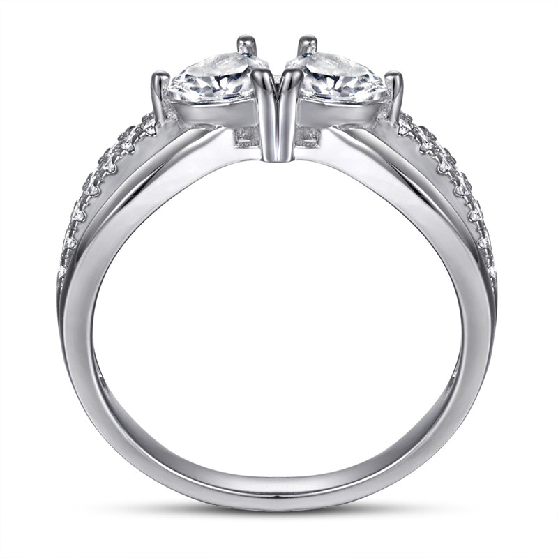 Double Heart 925 Silver Ring - Romantic Interlocking Zirconia Band
