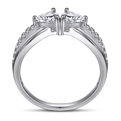 Double Heart 925 Silver Ring - Romantic Interlocking Zirconia Band