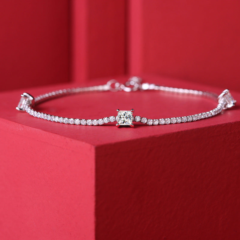 Edgy Women's Silver Bracelet with Square Moissanite for Everyday Wear