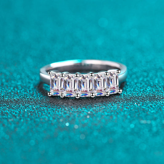 Emerald Cut Moissanite Ring - PT950 Plated 925 Sterling Silver with Musical Note Motifs