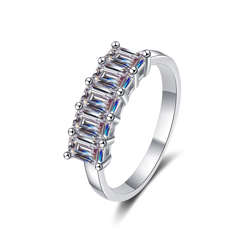 Emerald Cut Moissanite Ring - PT950 Plated 925 Sterling Silver with Musical Note Motifs