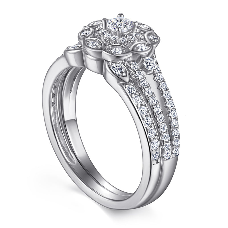 Floral 925 Silver Ring Set - Versatile Bridal Stack with Zirconia Accents
