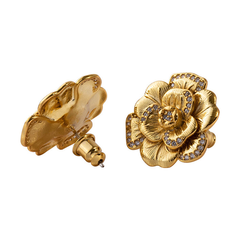 Floral Gold Plated Stud Earrings for Women - Light Luxury Flower Design Everyday Jewelry