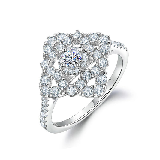 Four-Leaf Clover 925 Silver Ring - Geometric Zirconia Band for Women