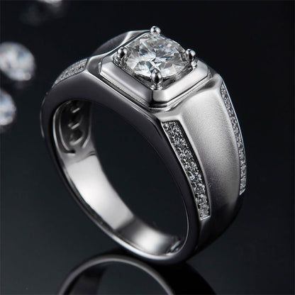 GRA Certified Moissanite Men's Ring - 925 Sterling Silver Geometric Wedding Band