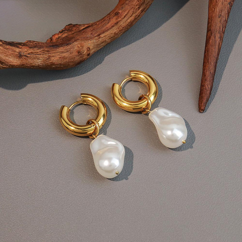 Geometric Baroque Pearl Drop Earrings in Surgical Steel & Gold Plating