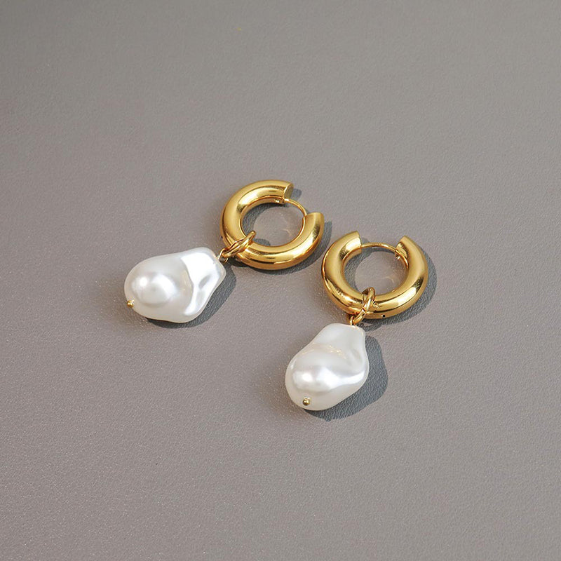 Geometric Baroque Pearl Drop Earrings in Surgical Steel & Gold Plating