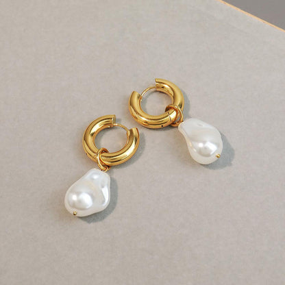 Geometric Baroque Pearl Drop Earrings in Surgical Steel & Gold Plating