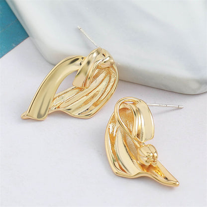 Geometric Fan-shaped Stud Earrings with Floral Motif in Genuine Gold Plating
