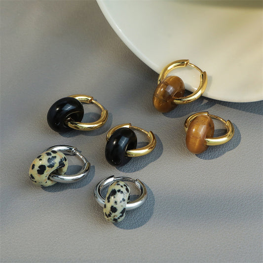 Geometric Gold-Plated Tiger's Eye, Black Onyx, and Speckled Stone Earrings for Women
