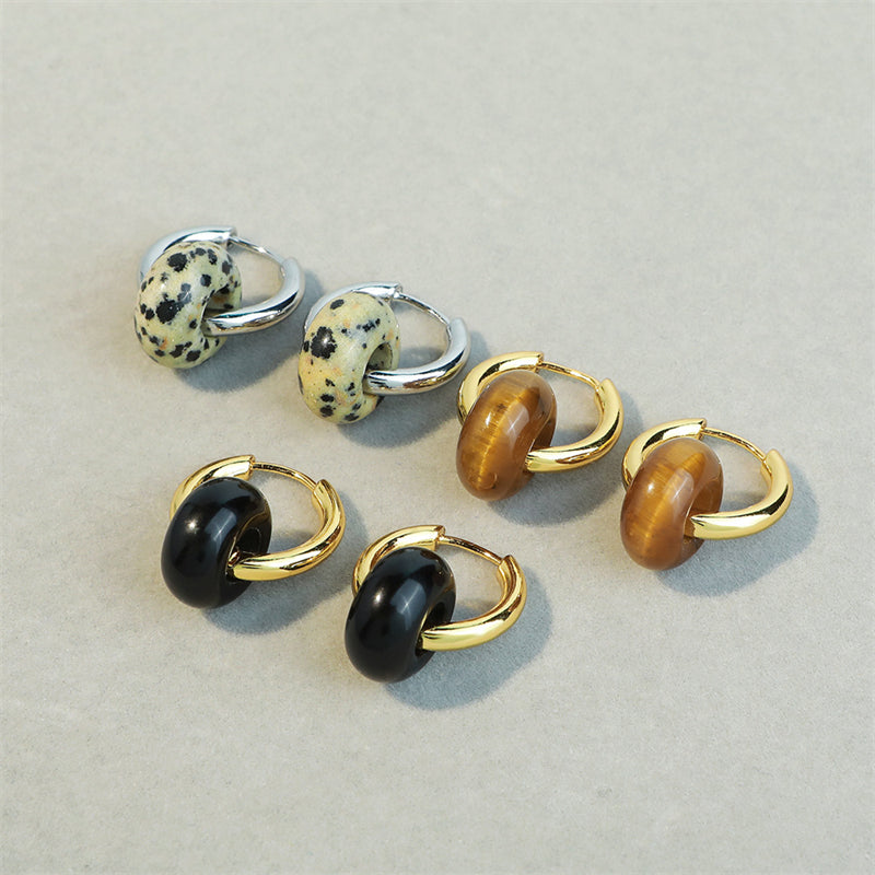 Geometric Gold-Plated Tiger's Eye, Black Onyx, and Speckled Stone Earrings for Women