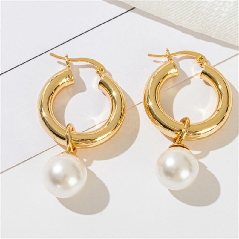 Geometric Gold Plated Hoop Earrings with Glass Pearls - Minimalist Circle Design Everyday Jewelry for Women