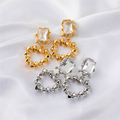 Geometric Gold or White K Gold Plated Copper Earrings with Round Zircon – Natural Fresh Sweet Style