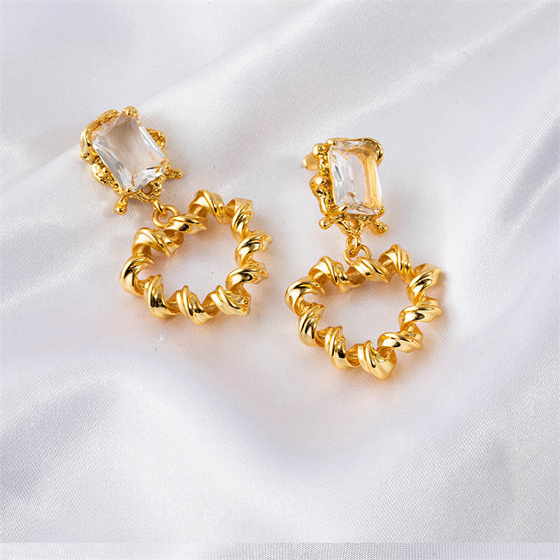 Geometric Gold or White K Gold Plated Copper Earrings with Round Zircon – Natural Fresh Sweet Style