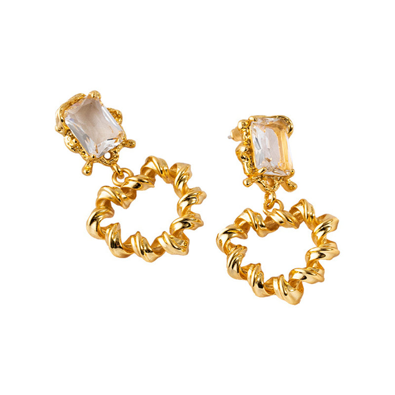 Geometric Gold or White K Gold Plated Copper Earrings with Round Zircon – Natural Fresh Sweet Style