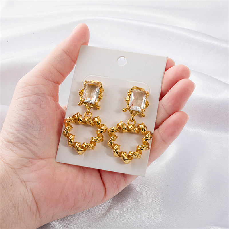 Geometric Gold or White K Gold Plated Copper Earrings with Round Zircon – Natural Fresh Sweet Style