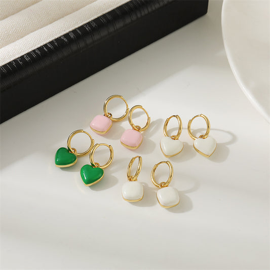Geometric Heart & Square Stud Earrings - Enamel Color Gold Plated Cute Studs for Women