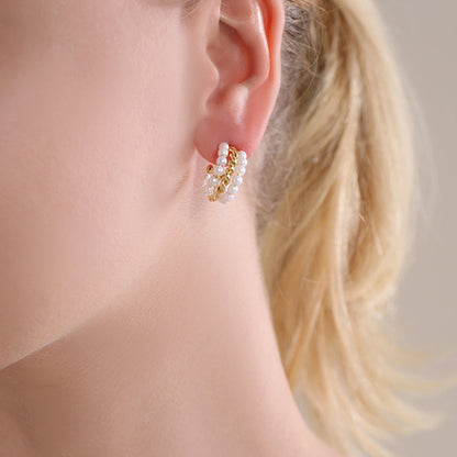 Geometric Pearl Accent Stud Earrings with 925 Silver Posts - Gold & White Gold Minimalist Design
