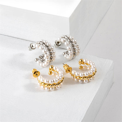 Geometric Pearl Accent Stud Earrings with 925 Silver Posts - Gold & White Gold Minimalist Design