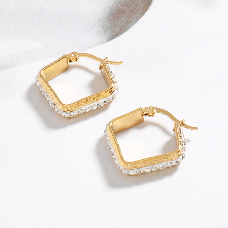 Geometric Square Gold Plated Stud Earrings - Brass & Stainless Steel Light Luxury Jewelry for Women