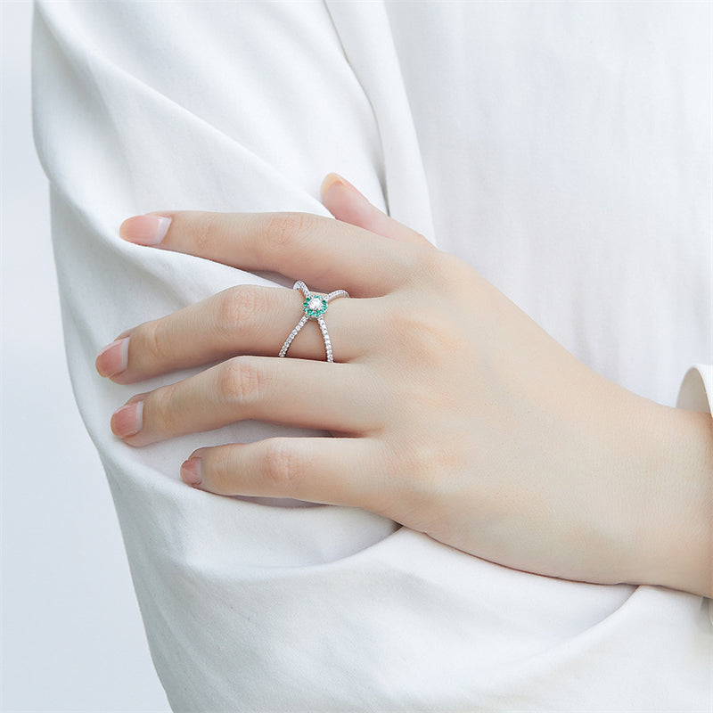 Green Zirconia 925 Silver Ring - French-Inspired Interlocking Circle Statement Piece
