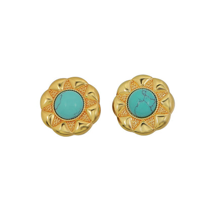 Handcrafted Geometric Black Onyx & Blue Turquoise Stud Earrings in Gold