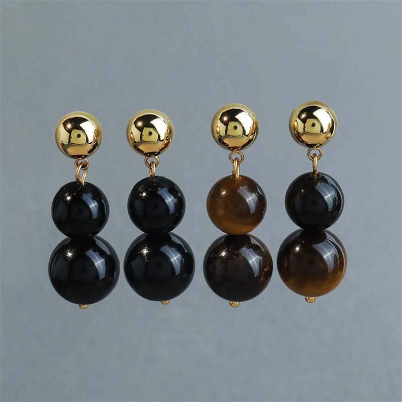 Handcrafted Geometric Tiger Eye & Black Onyx Drop Earrings in Gold Plating