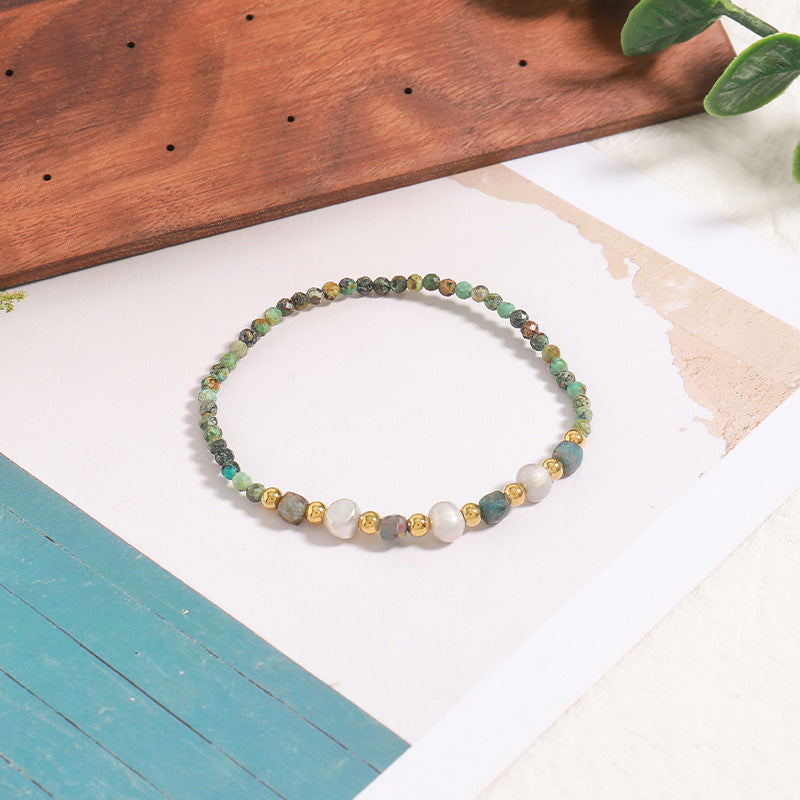 Handmade Bohemian Circular Geometric Bracelet - Genuine Gold Plated with Natural Stones, Stainless Steel & Freshwater Pearls