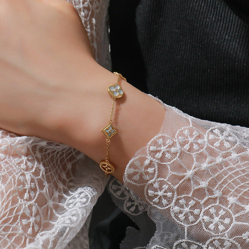 Handmade Floral Geometric Stainless Steel Bracelet - Gold Plated Light Luxury Adjustable Women's Jewelry