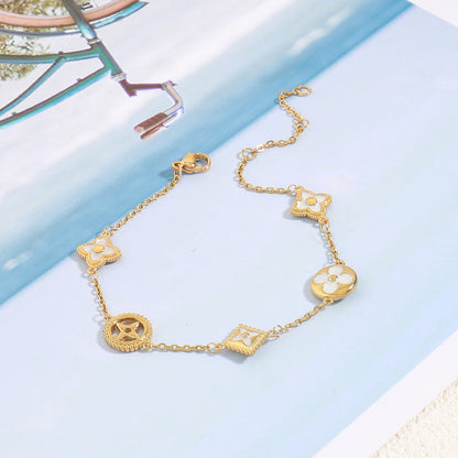 Handmade Floral Geometric Stainless Steel Bracelet - Gold Plated Light Luxury Adjustable Women's Jewelry