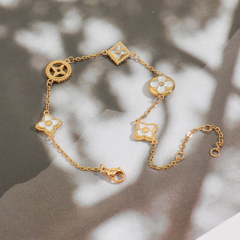 Handmade Floral Geometric Stainless Steel Bracelet - Gold Plated Light Luxury Adjustable Women's Jewelry