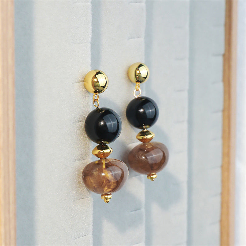 Handmade Geometric Amber Resin & Black Onyx Drop Earrings - Vintage Bohemian Style
