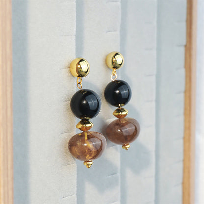 Handmade Geometric Amber Resin & Black Onyx Drop Earrings - Vintage Bohemian Style