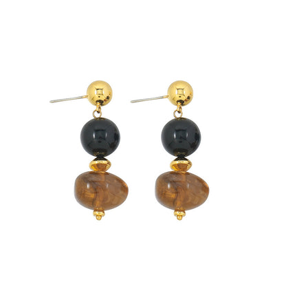 Handmade Geometric Amber Resin & Black Onyx Drop Earrings - Vintage Bohemian Style