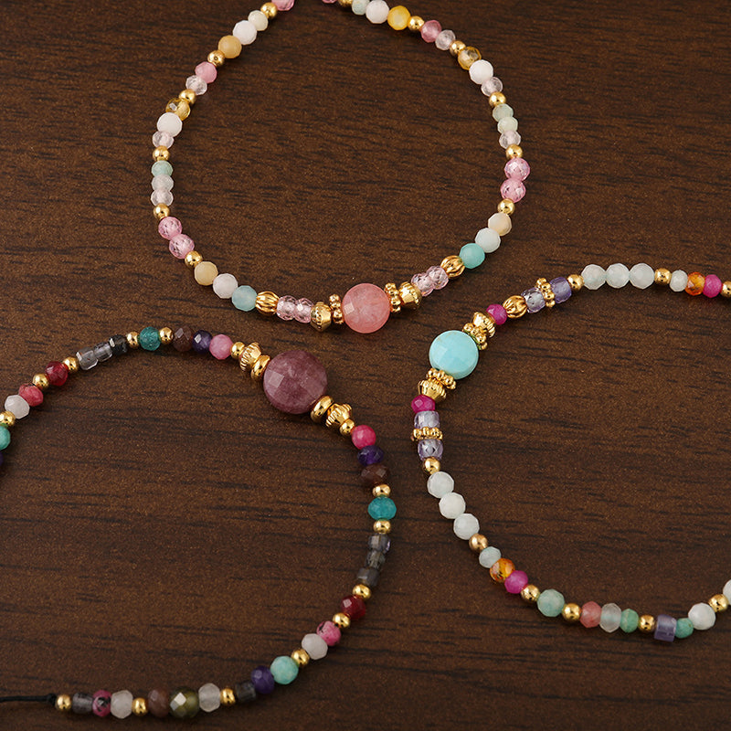 Handmade Geometric Circle Natural Stone Bracelet - Stainless Steel Light Luxury Style Adjustable Unisex Jewelry in Pink, Green, Purple