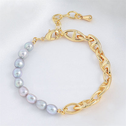 Handmade Geometric Circle & Ring Freshwater Pearl Bracelet - Genuine Gold Plated Copper 10.5g Light Luxury Women's Jewelry