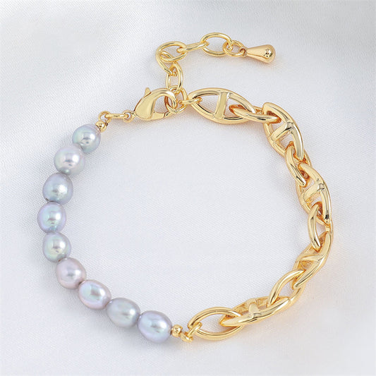 Handmade Geometric Circle & Ring Freshwater Pearl Bracelet - Genuine Gold Plated Copper 10.5g Light Luxury Women's Jewelry
