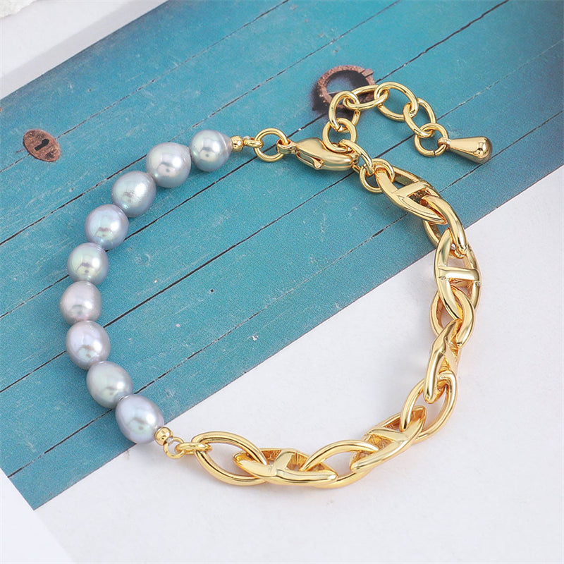 Handmade Geometric Circle & Ring Freshwater Pearl Bracelet - Genuine Gold Plated Copper 10.5g Light Luxury Women's Jewelry