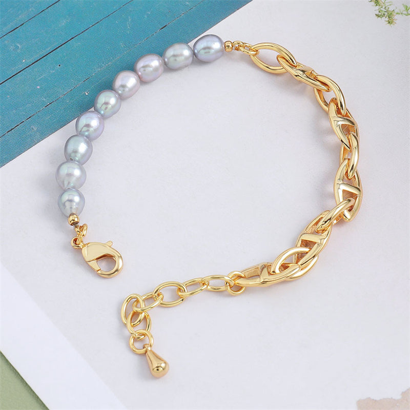 Handmade Geometric Circle & Ring Freshwater Pearl Bracelet - Genuine Gold Plated Copper 10.5g Light Luxury Women's Jewelry