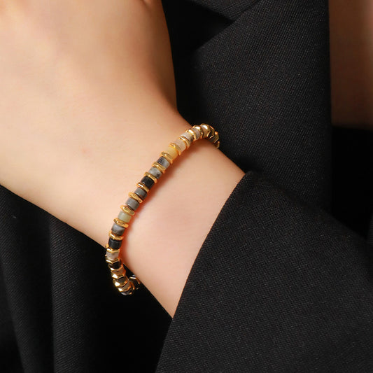 Handmade Geometric Circle & Square Natural Stone Bracelet - Genuine Gold Plated Copper, Cottagecore Style Sweet Fresh Women's Jewelry