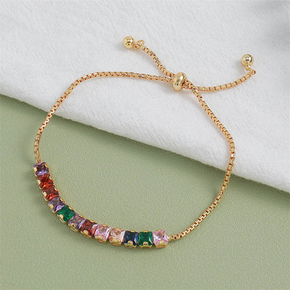 Handmade Geometric Circle & Square Zircon Bracelet - Genuine Gold Plated Copper Light Luxury Adjustable Women's Jewelry