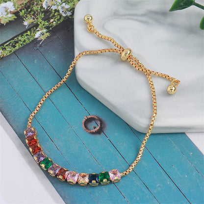 Handmade Geometric Circle & Square Zircon Bracelet - Genuine Gold Plated Copper Light Luxury Adjustable Women's Jewelry