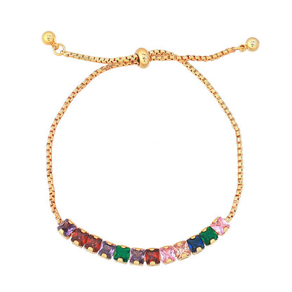 Handmade Geometric Circle & Square Zircon Bracelet - Genuine Gold Plated Copper Light Luxury Adjustable Women's Jewelry