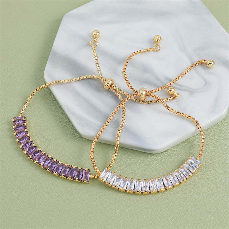 Handmade Geometric Circle & Square Zircon Bracelet - Genuine Gold Plated Copper, Light Luxury Style Adjustable Women's Jewelry in Silver & Purple