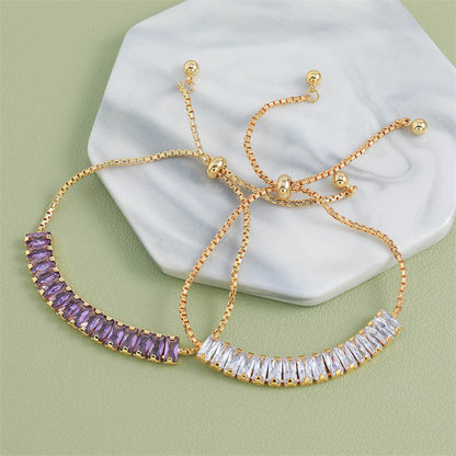 Handmade Geometric Circle & Square Zircon Bracelet - Genuine Gold Plated Copper, Light Luxury Style Adjustable Women's Jewelry in Silver & Purple