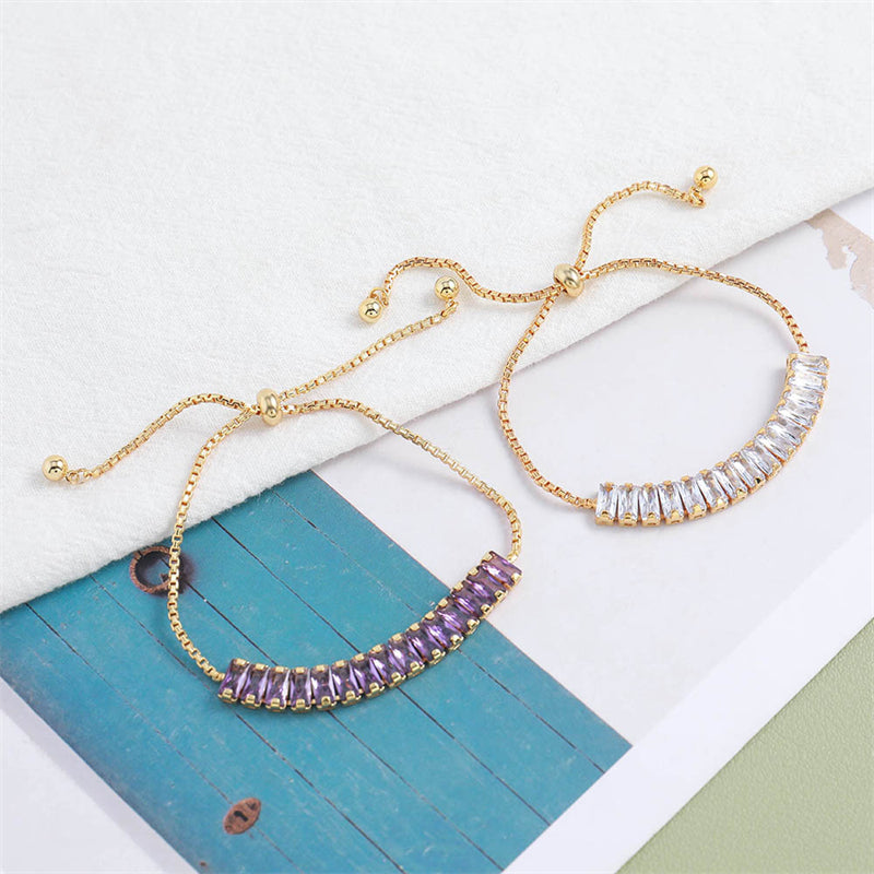 Handmade Geometric Circle & Square Zircon Bracelet - Genuine Gold Plated Copper, Light Luxury Style Adjustable Women's Jewelry in Silver & Purple